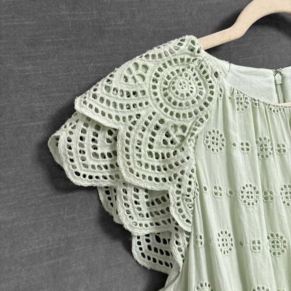 Antonio Melani Dress 10 Sage Green Tiered Eyelet Lace Flutter Midi Boho Preppy - Picture 5 of 11